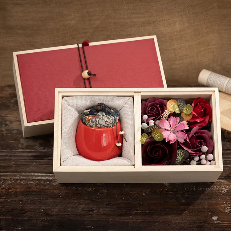 Antique Pottery Style Wooden Gift Box Set With Candle Soap Flowers