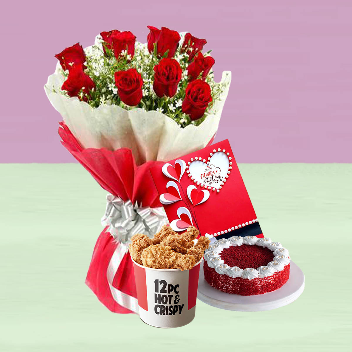 KFC Chicken Bucket With Rose Bouquet & Cake
