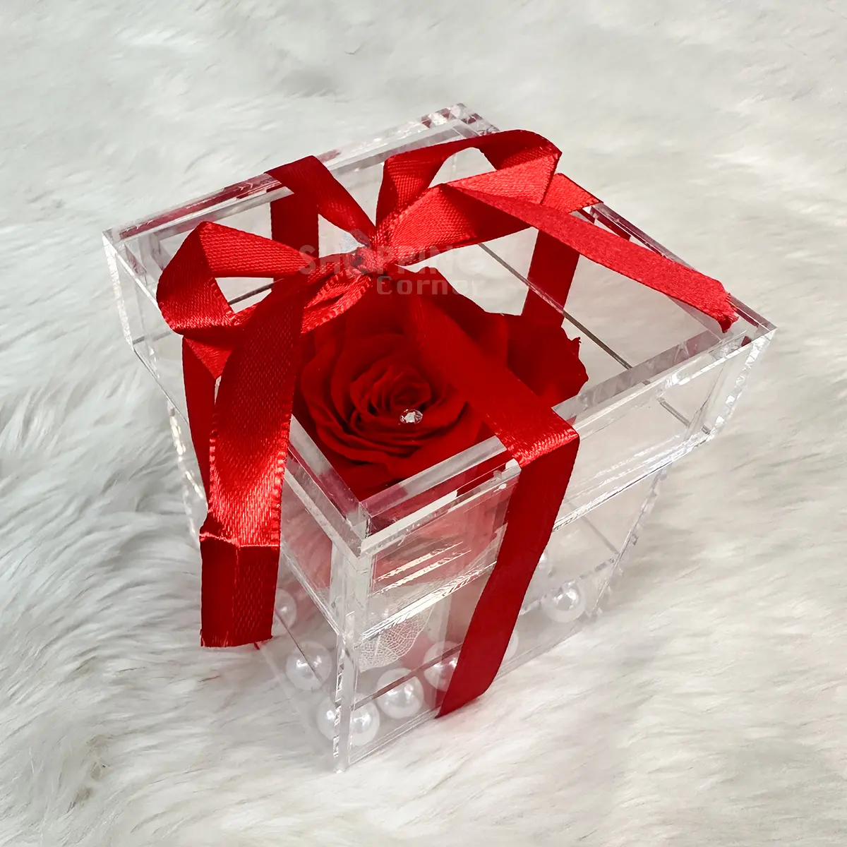 Red Rose Pro Max In An Acrylic Box With Ribbon And Pearl