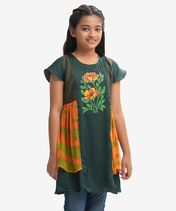 Green Satin Georgette Layered Party Frock