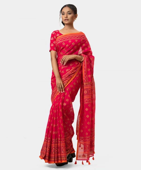 Pink Cotton Printed Saree