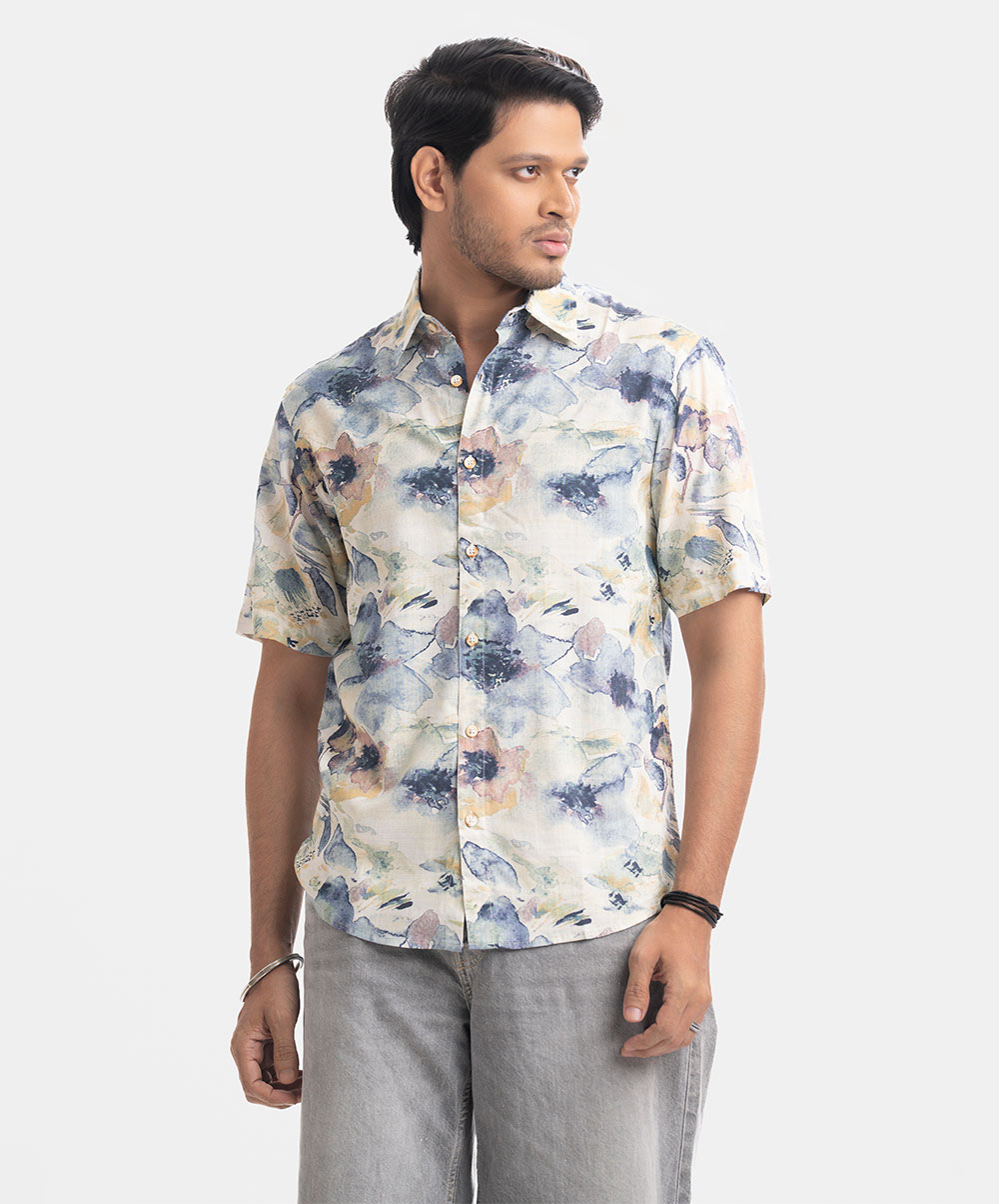 Printed Ramie Cotton Short Sleeve Casual Shirt