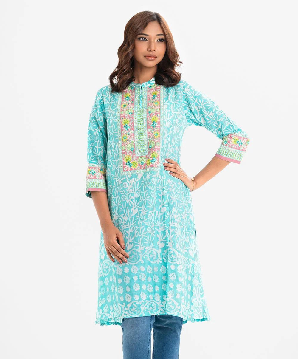 Blue Blended Cotton A-line Kameez