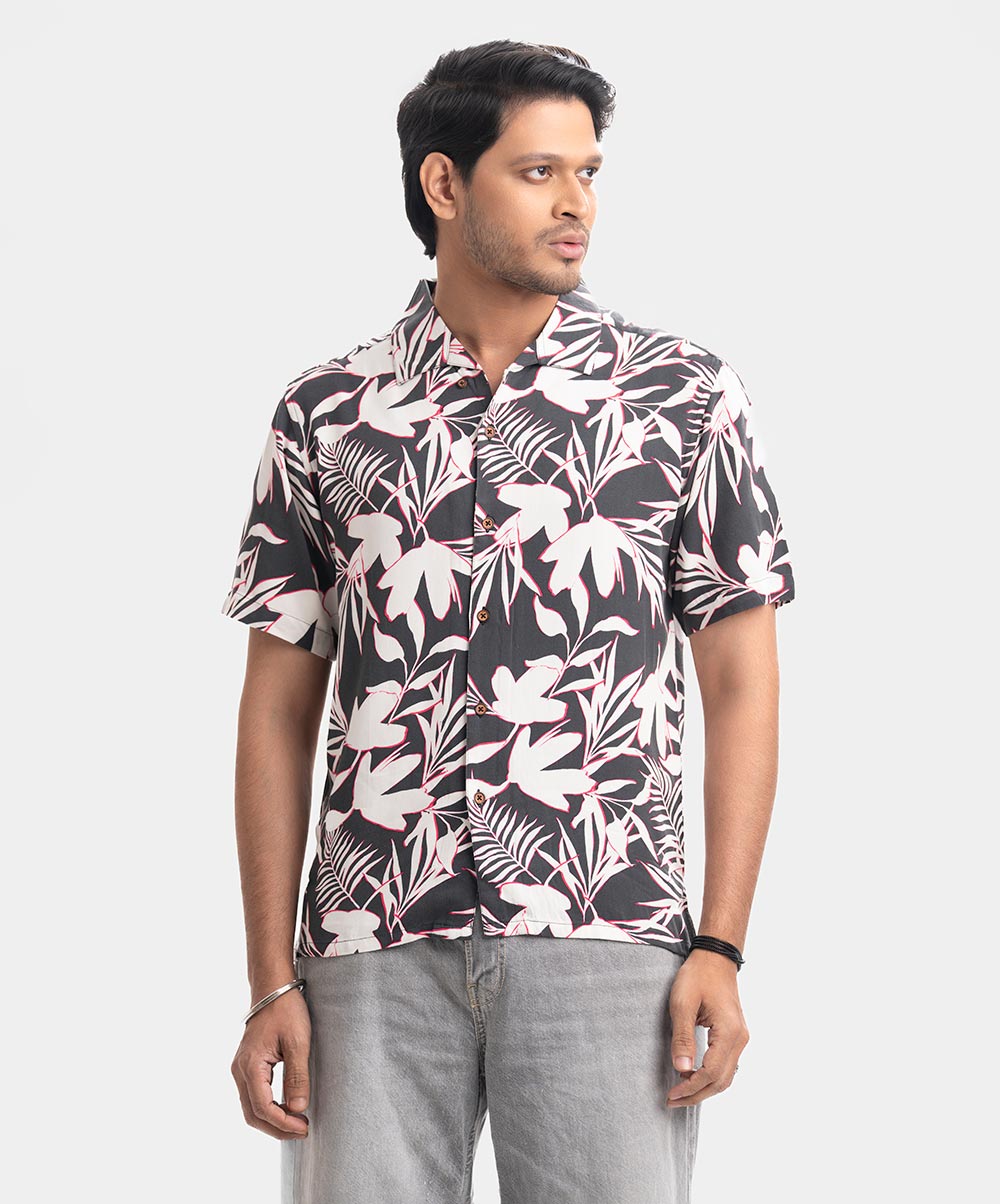 Black Viscose Twill Short Sleeve Casual Shirt