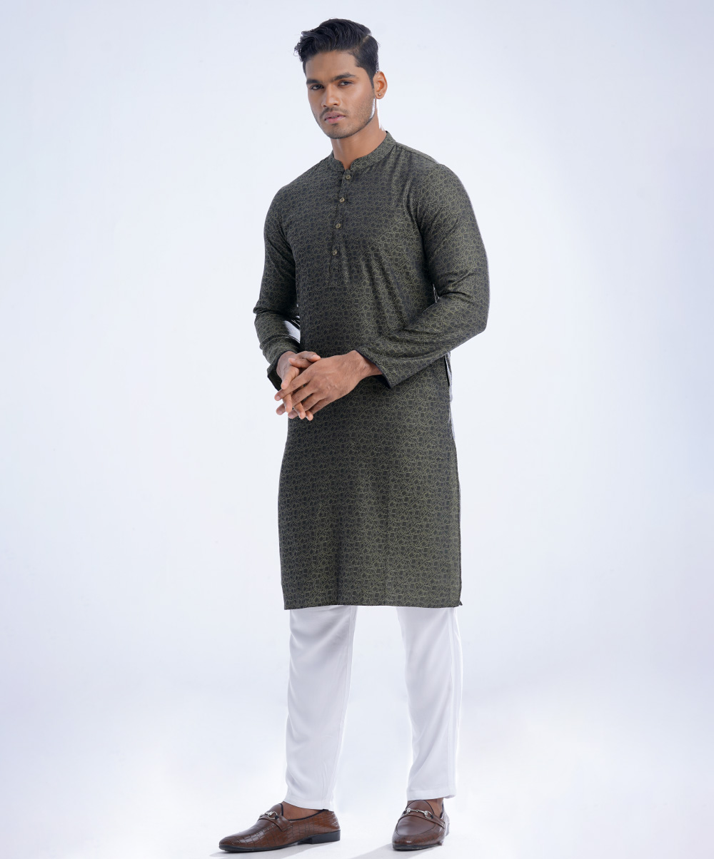 Green Semi Fitted Jacquard Cotton Panjabi
