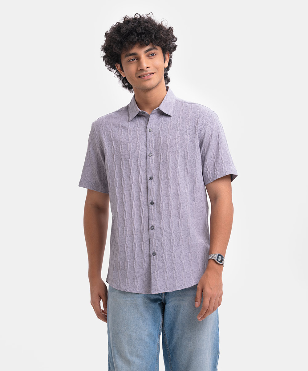Purple Jacquard Rayon Short Sleeve Casual Shirt