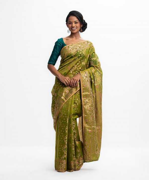 Olive Green Half-silk Saree