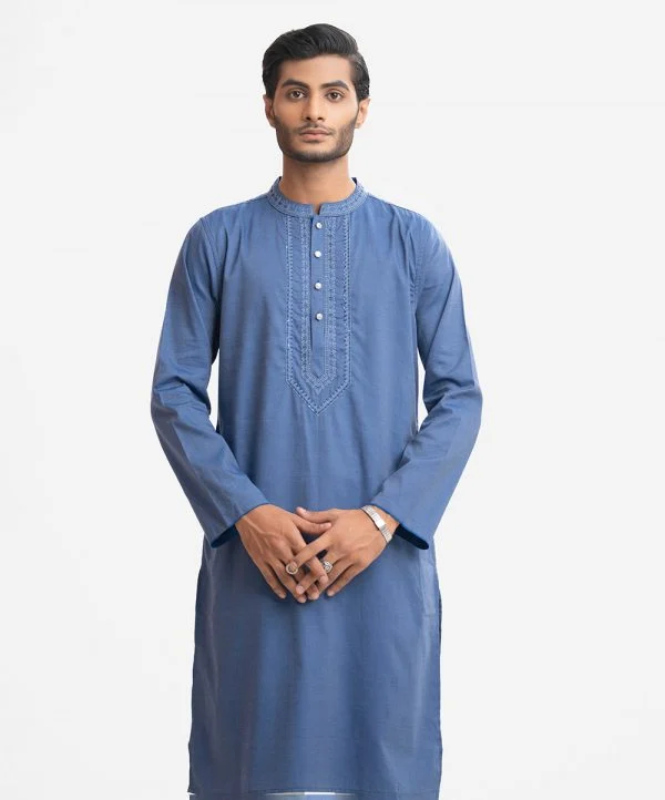 Blue Cotton Semi Fitted Panjabi