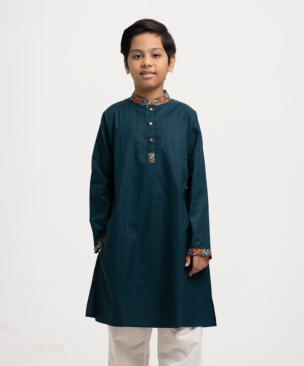 Teal Cotton Jacquard Panjabi