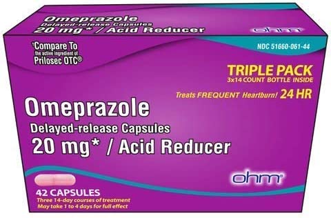 OHM Omeprazole Delayed-Release Capsules, Treats Frequent Heartburn, 24hrs, 20mg Acid Reducer, 42 Capsules