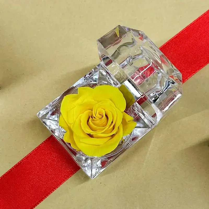Eternal Preserved Yellow Rose With Acrylic Crystal Ring Box
