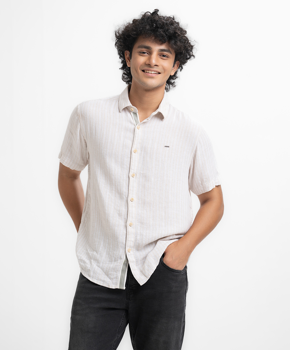 Beige Cotton Stripe Casual Shirt