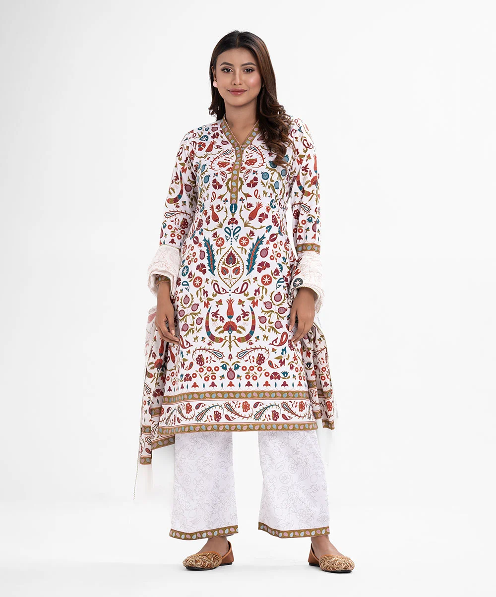 White Blended Cotton Straight Kameez