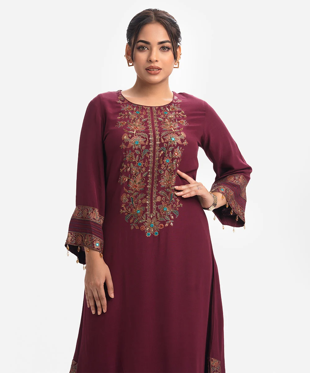 Maroon Silk-viscose blended Long Tunic