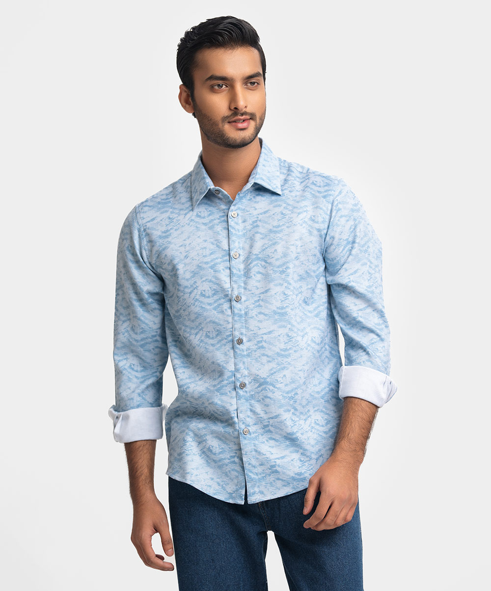 Blue Premium Textured Woven Business Casual Shirt