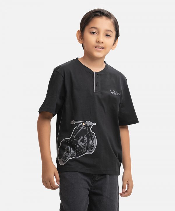 Black Cotton Henley T-shirt