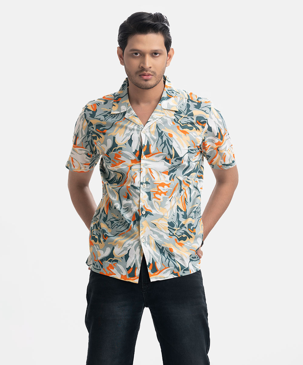 Printed Cotton Cuban Collar Shirt