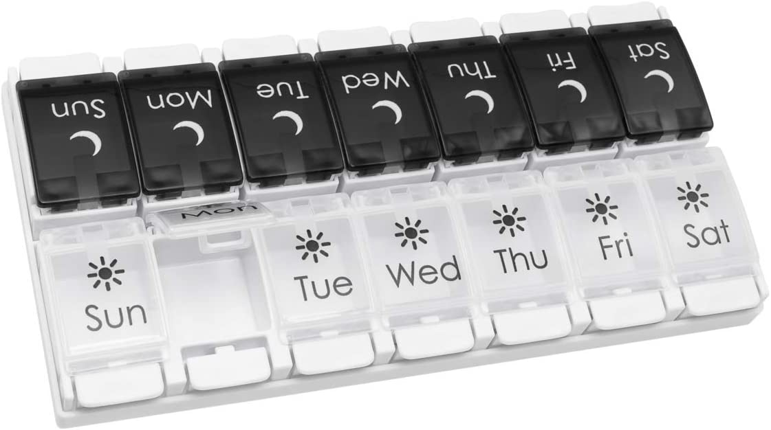 EZY DOSE Push Button 7Day Pill Medicine Vitamin Organizer Box Weekly Am Pm and Lids, Black & White Am/Pm, 1 Count