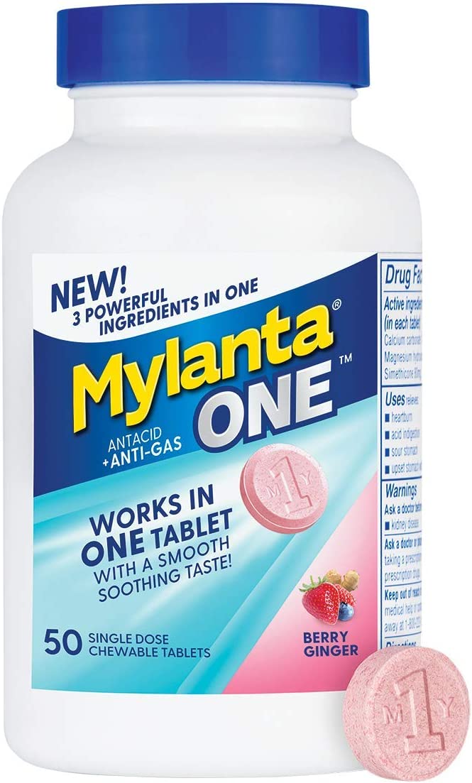 Mylanta One Single Dose Chewable Antacid/Antigas Tablets, Berry Ginger Flavor, Pink, 50 Count