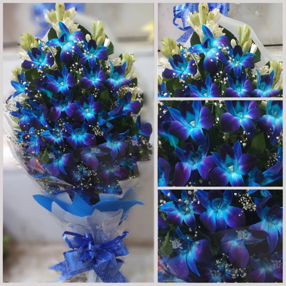 Blue Orchid and Rajanigandha Flower Bouquet