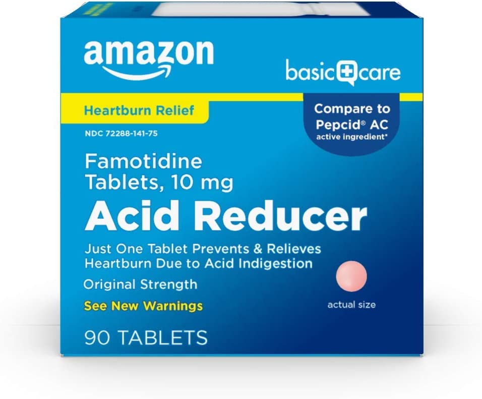 Amazon Basic Care Original Strength Famotidine Tablets, 10 mg, Acid Reducer for Heartburn Relief, 90 Count