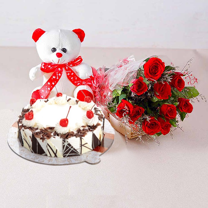 Small Teddy with Flower & Cake