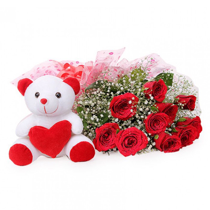 Luxurious Red Roses with Small Teddy