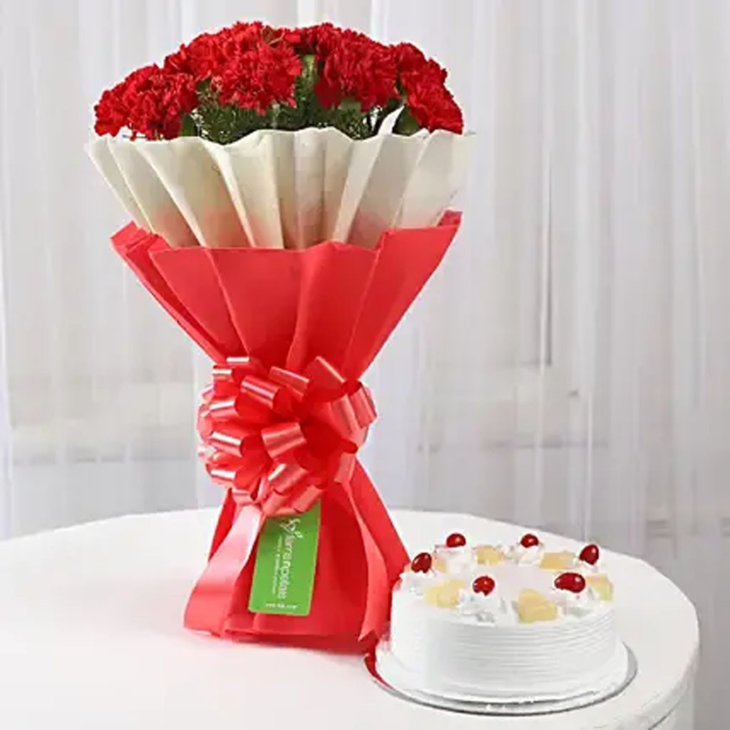 Red Carnations with Vanilla Cake Combo