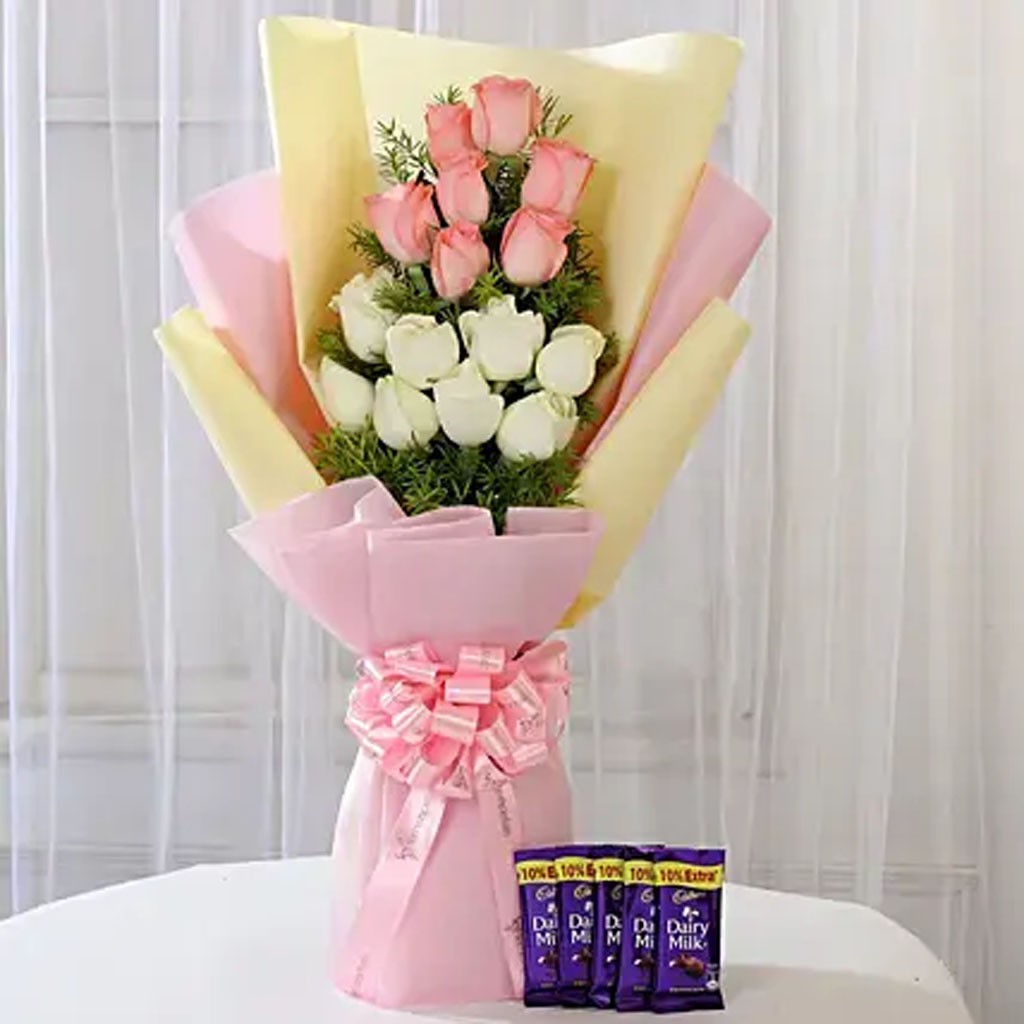 Pink & White Roses with Cadbury Chocolates Combo