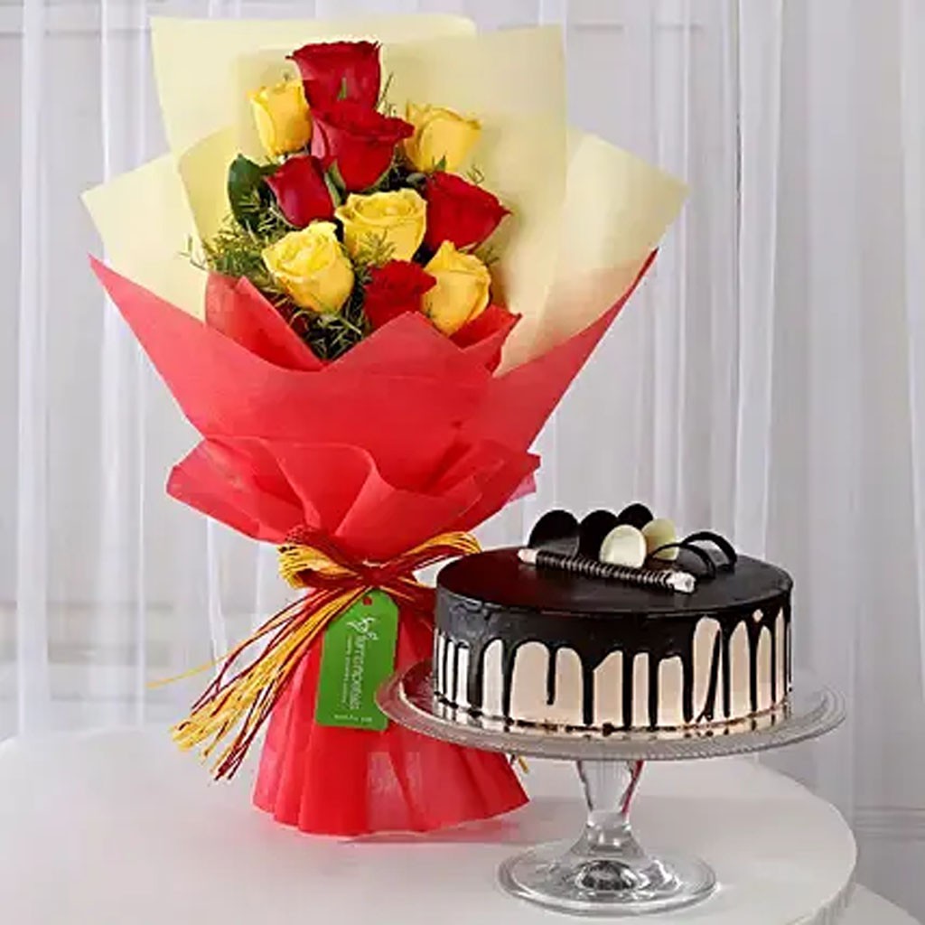 Red & Yellow Roses with Chocolate Cake