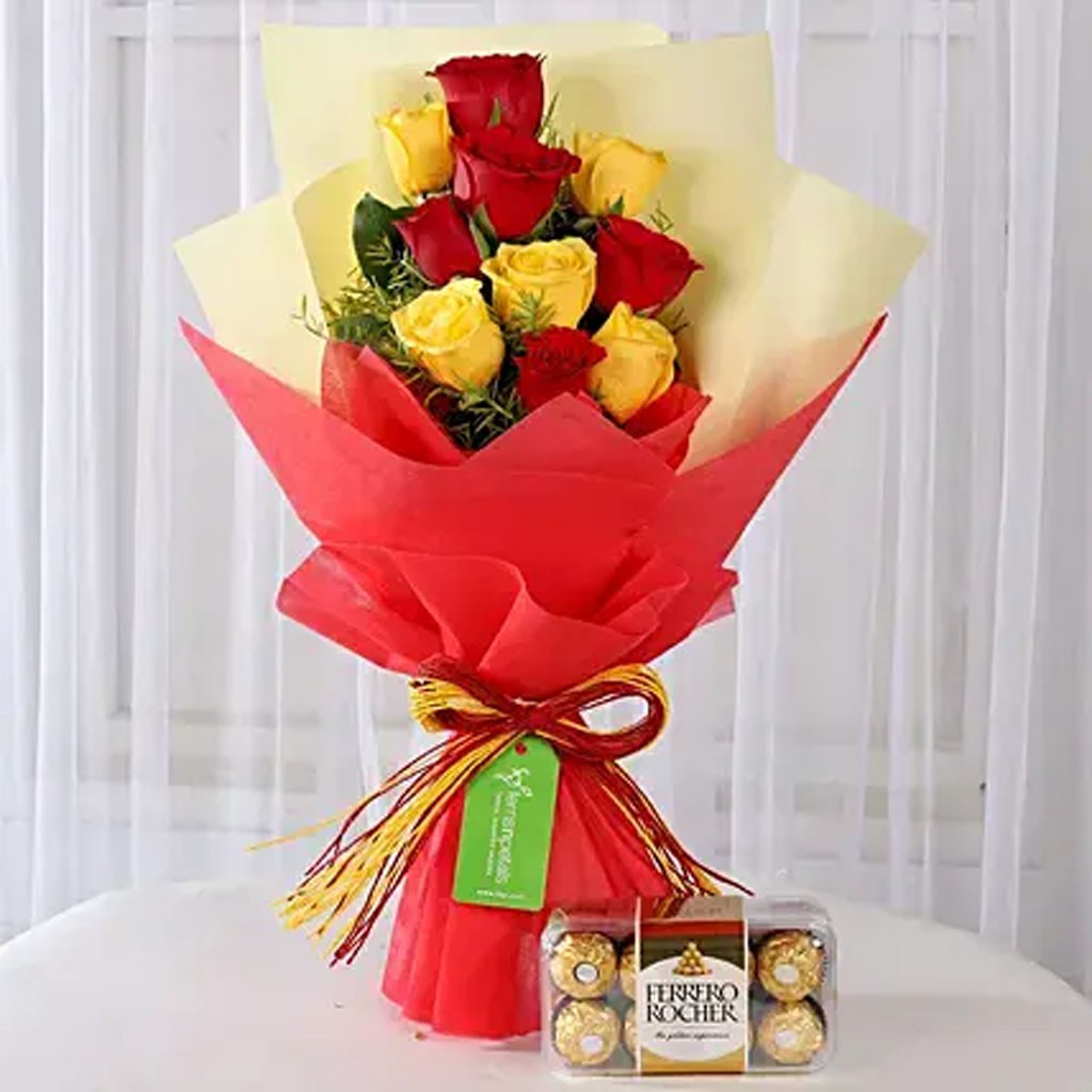 Red & Yellow Roses with Ferrero Rocher