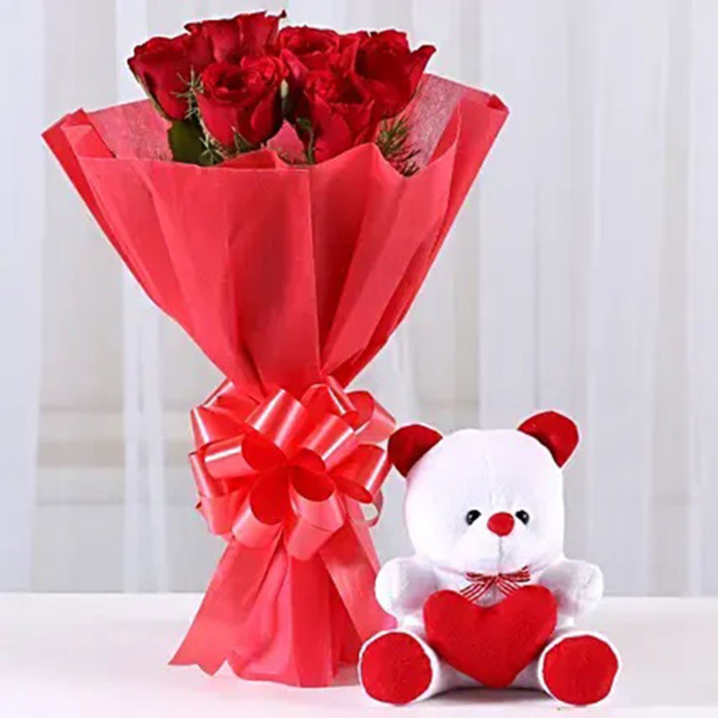 Red Roses & Teddy Bear Combo