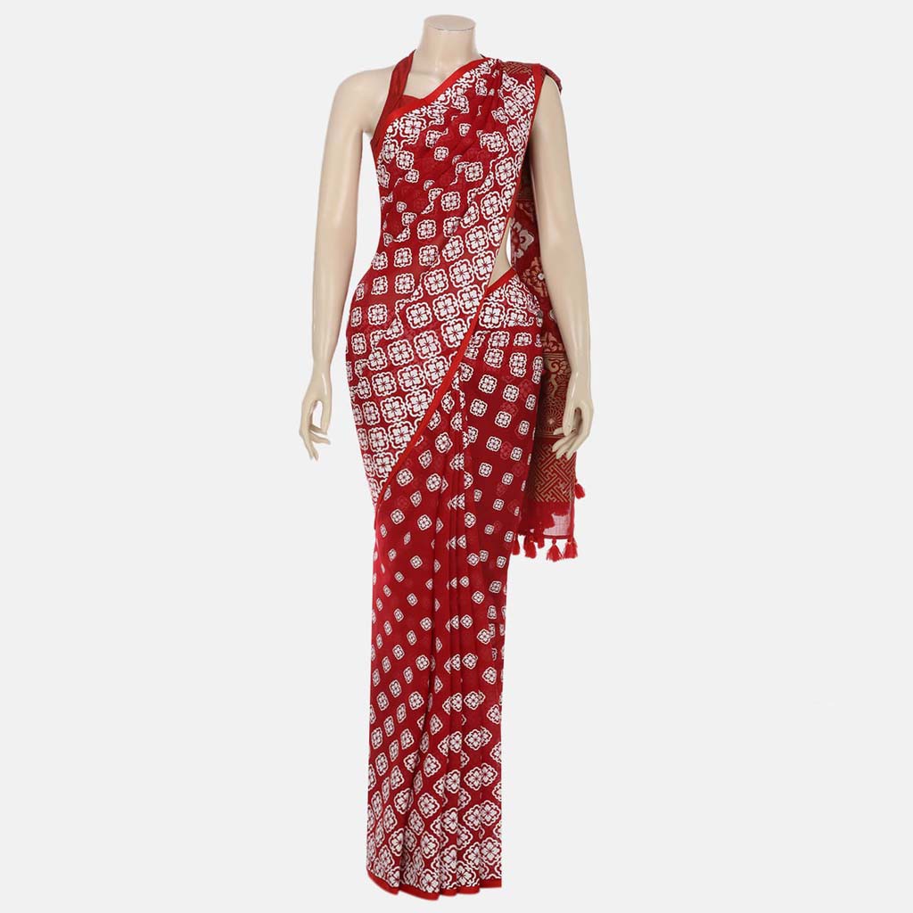 Maroon Appliqued, Printed and Embroidered Cotton Saree