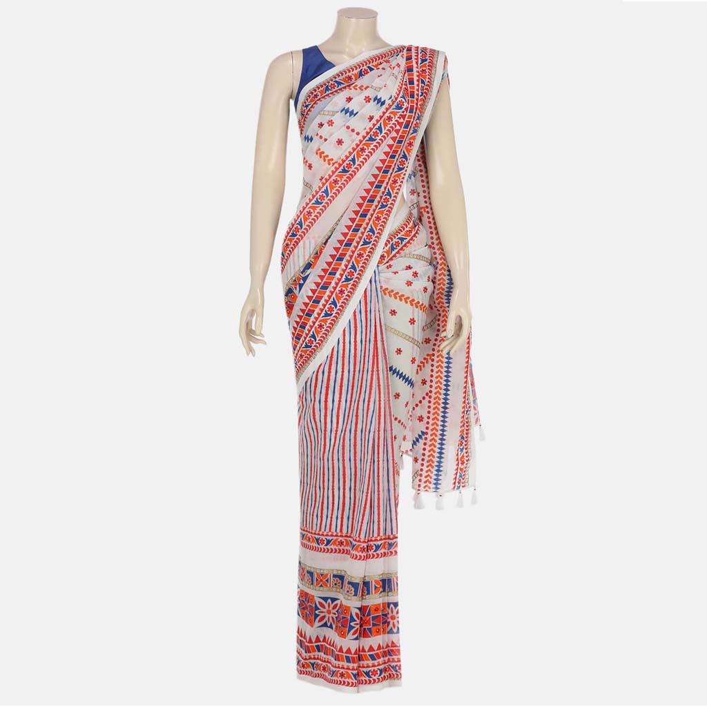 White Printed Cotton Saree