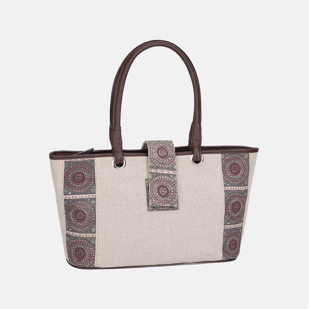 Beige Printed Jute Bag