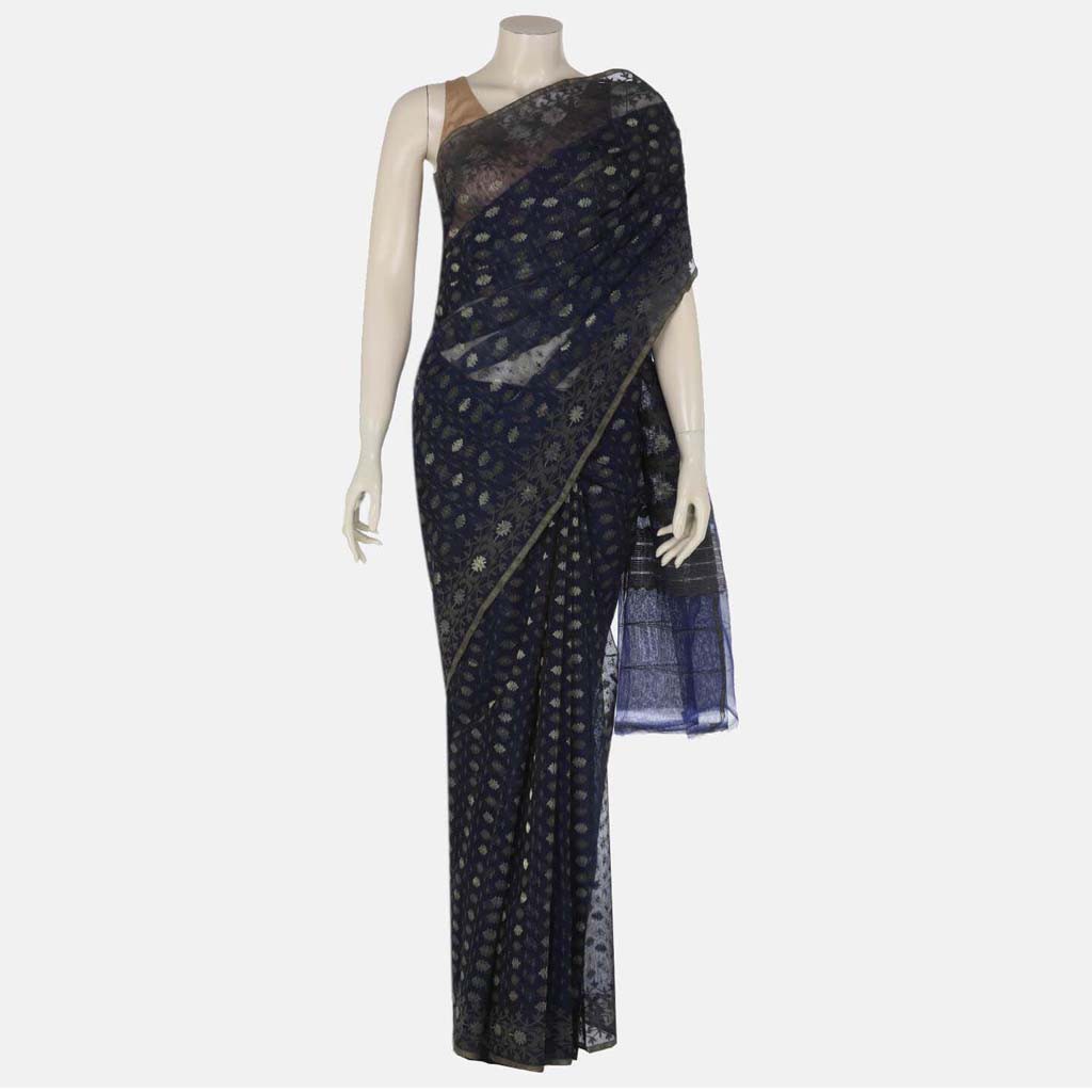 Deep Blue Half Silk Jamdani Saree