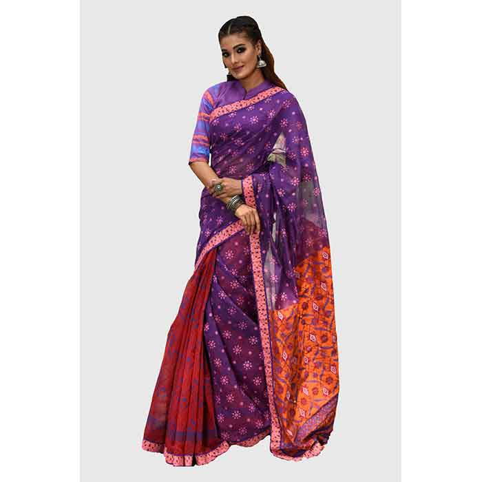 Half Silk Printed &amp; Embroidered Saree