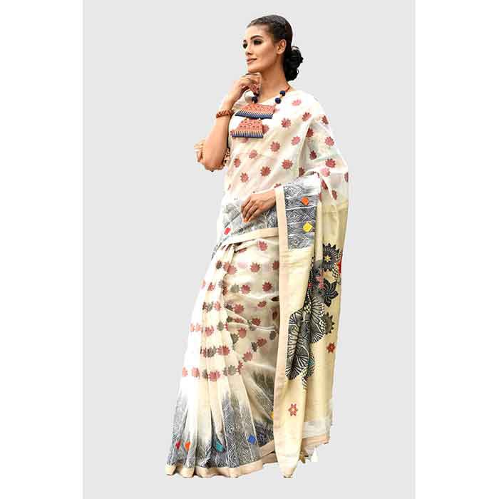 Half Silk Printed &amp; Embroidered Saree