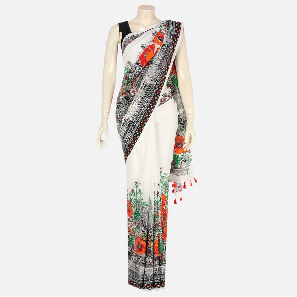 White Printed Cotton Saree