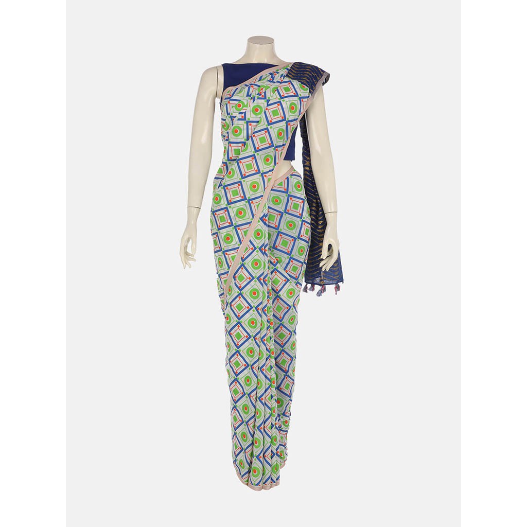 White Tie-Dyed and Printed Cotton Saree
