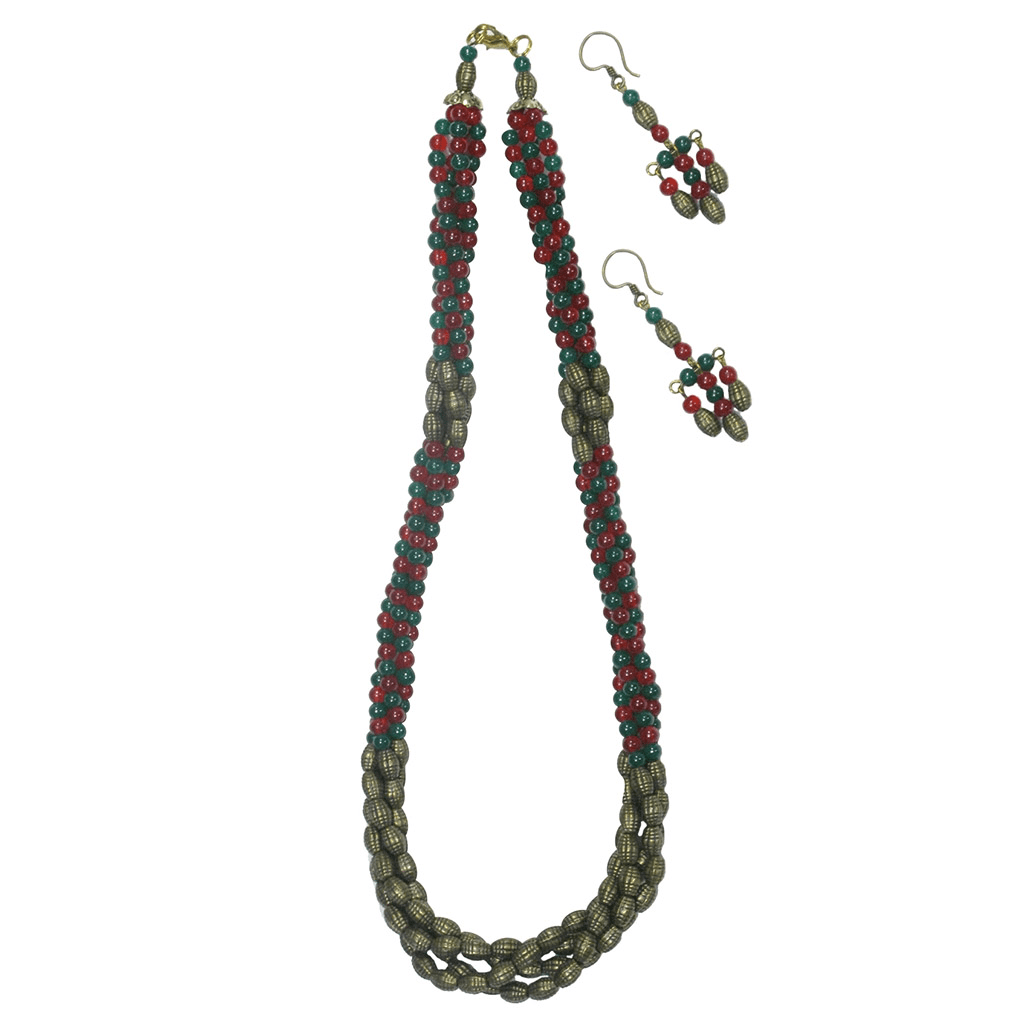 Green and Maroon Metal Beaded Necklace Set