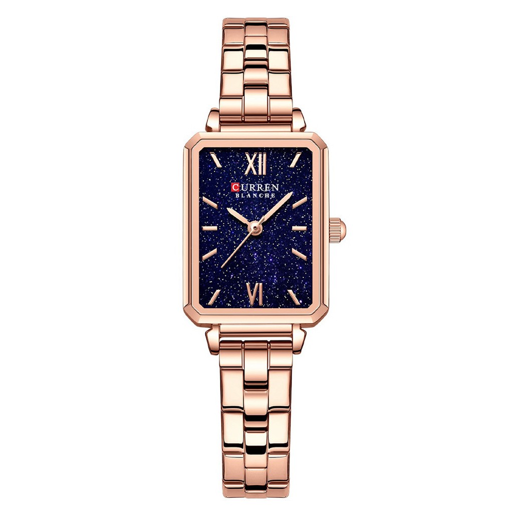 Elegant Women's Stainless Steel Rectangle Dial Light Thin Quartz Wristwatch- Rose Gold &amp; Blue