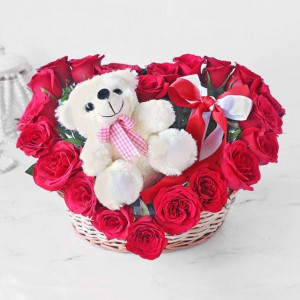 Heart Shaped Basket Of Red Roses With Teddy