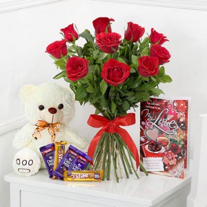 Bunch Of 10 Red Roses With Teddy Bear Assorted Chocolates