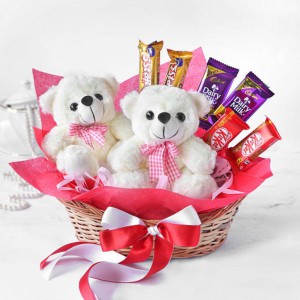 Teddy Bears With Chocolates in  Basket