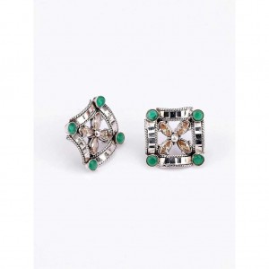 Simulated Stone Studded Oxidized Silver Earrings