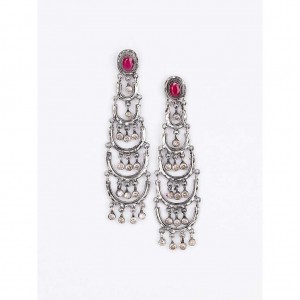 Simulated Stone Studded Oxidized Silver Earrings