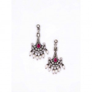 Simulated Stone Studded Oxidized Silver Earrings
