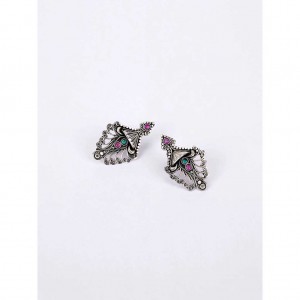 Simulated Stone Studded Oxidized Silver Earrings