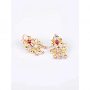 Simulated Stone and Pearl Studded Gold Earrings